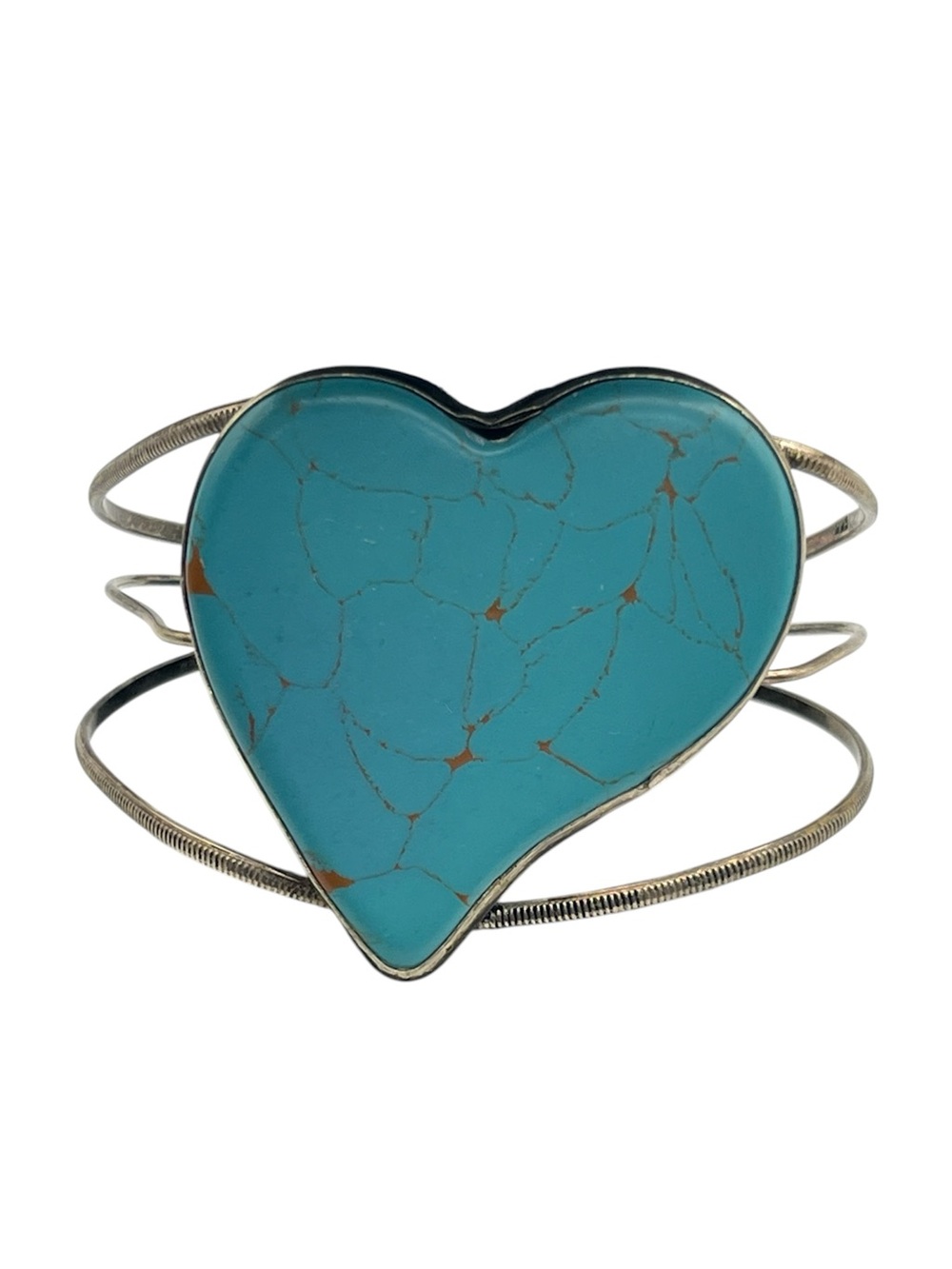 Silver tone wire faux blue heart stone handmade cuff bracelet vintage